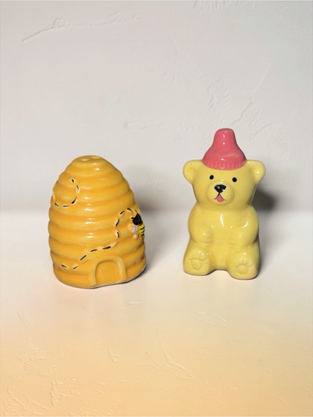Yellow Ceramic Bear with Pink Hat & Yellow Beehive Salt & Pepper Shakers